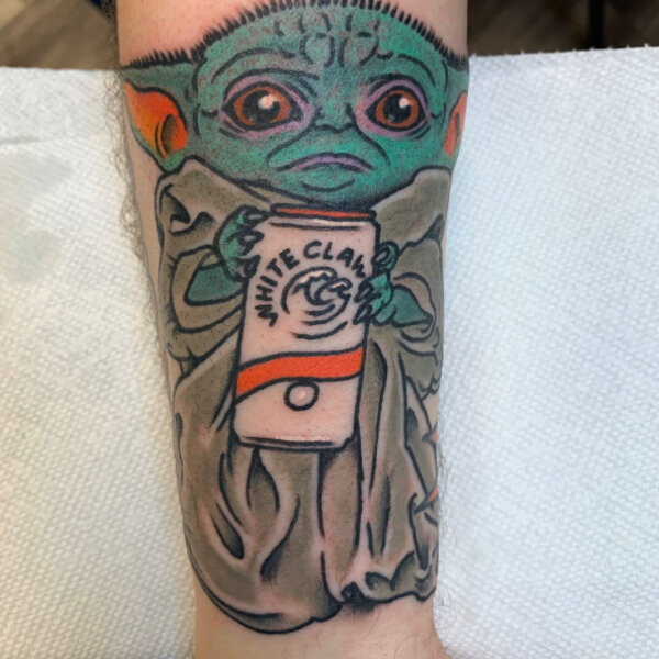Baby Yoda Tattoo With White Claw - Best Tattoo Ideas